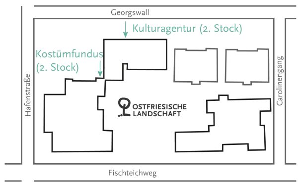 Lageplan der Ostfriesischen Landschaft mit Eingang der Kulturagentur