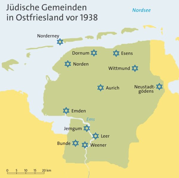 Historische jüdische Gemeinden in Ostfriesland (Graphik: Matthias Süßen)