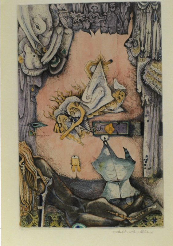„Männer, die zum Mond fliegen“, Woldemar Winkler, 1967, Aquarell über Radierung, 70 cm x 50 cm, OLA 70933 (Foto: Ostfriesische Landschaft)